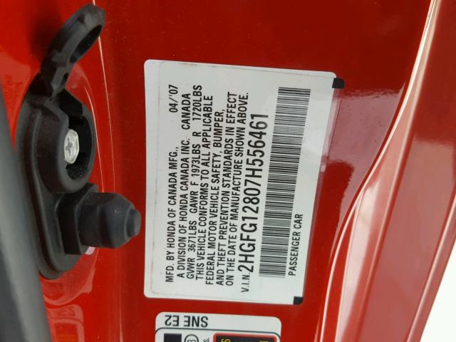 2HGFG12807H556461 - 2007 HONDA CIVIC EX 红色 照片 10
