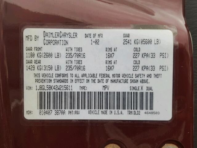 1J8GL58K42W215611 - 2002 JEEP LIBERTY LI BURGUNDY photo 10