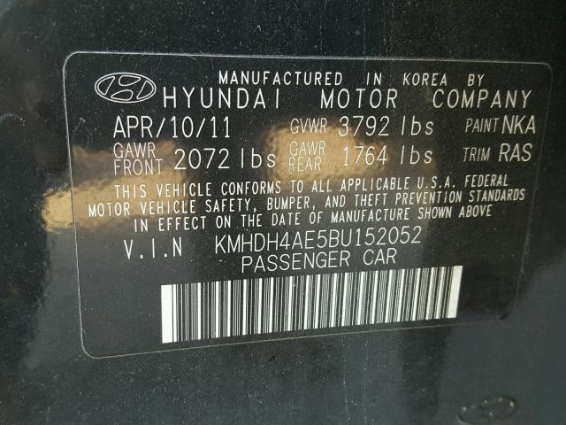 KMHDH4AE5BU152052 - 2011 HYUNDAI ELANTRA GL BLACK photo 10