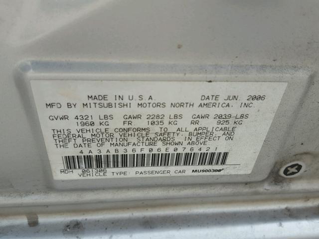 4A3AB36F06E076421 - 2006 MITSUBISHI GALANT ES GRAY photo 10