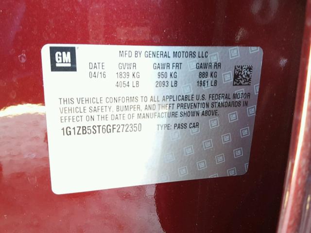 1G1ZB5ST6GF272350 - 2016 CHEVROLET MALIBU LS MAROON photo 10