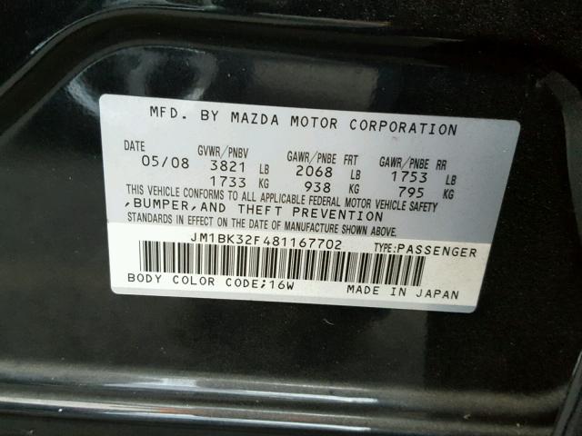 JM1BK32F481167702 - 2008 MAZDA 3 I BLACK photo 10