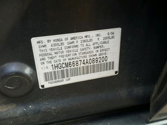 1HGCM66874A089200 - 2004 HONDA ACCORD EX CHARCOAL photo 10