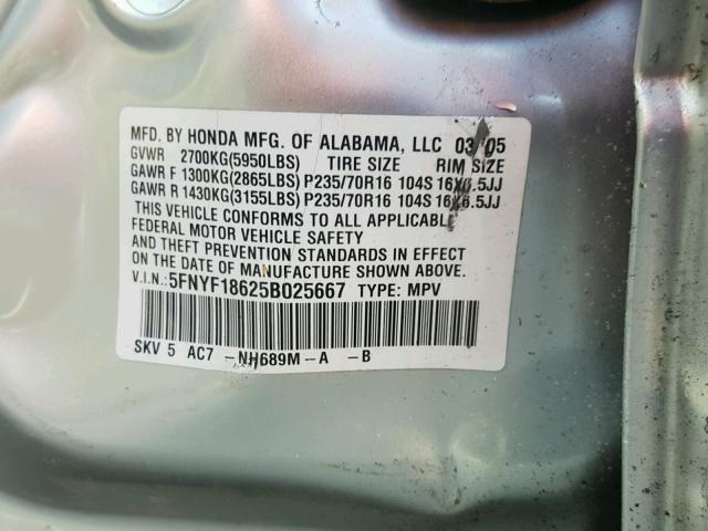 5FNYF18625B025667 - 2005 HONDA PILOT EXL SILVER photo 10