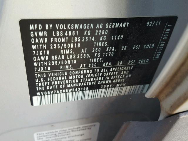 WVGBV7AX6BW543198 - 2011 VOLKSWAGEN TIGUAN S SILVER photo 10