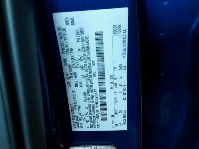 1FMCU0F76HUE95827 - 2017 FORD ESCAPE S BLUE photo 10