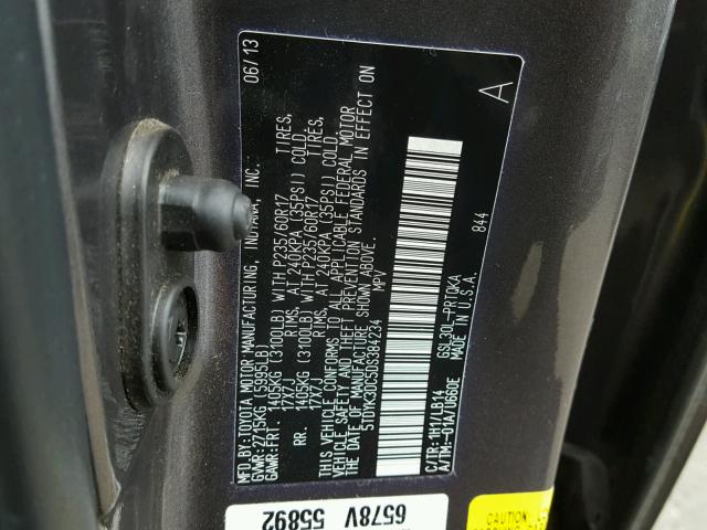 5TDYK3DC5DS384234 - 2013 TOYOTA SIENNA XLE CHARCOAL photo 10