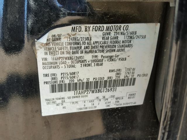 1FAHP27WX8G126931 - 2008 FORD TAURUS SEL BLACK photo 10