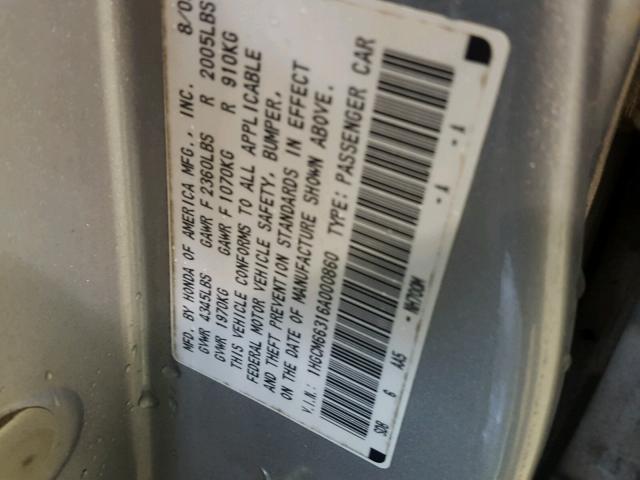 1HGCM66316A000860 - 2006 HONDA ACCORD LX SILVER photo 10