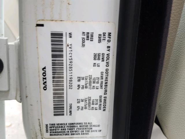 YV1CY592851198202 - 2005 VOLVO XC90 WHITE photo 10