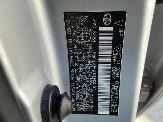 JTDKN3DU1A0152881 - 2010 TOYOTA PRIUS SILVER photo 10