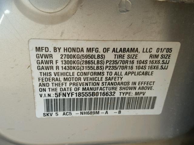 5FNYF18555B016632 - 2005 HONDA PILOT EXL SILVER photo 10