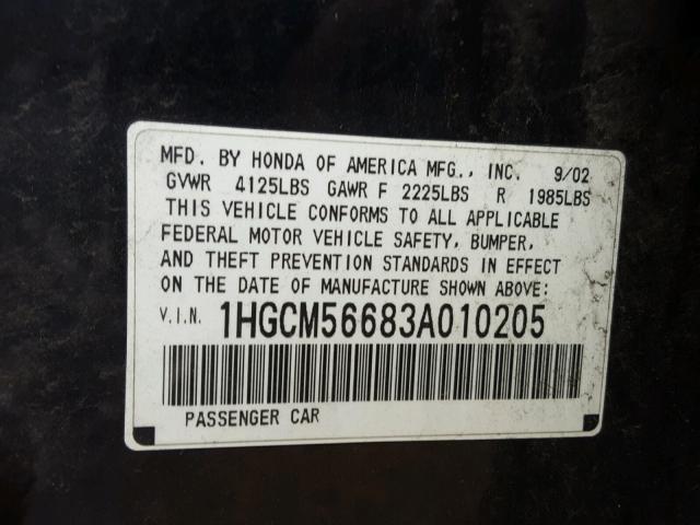 1HGCM56683A010205 - 2003 HONDA ACCORD EX BLACK photo 10