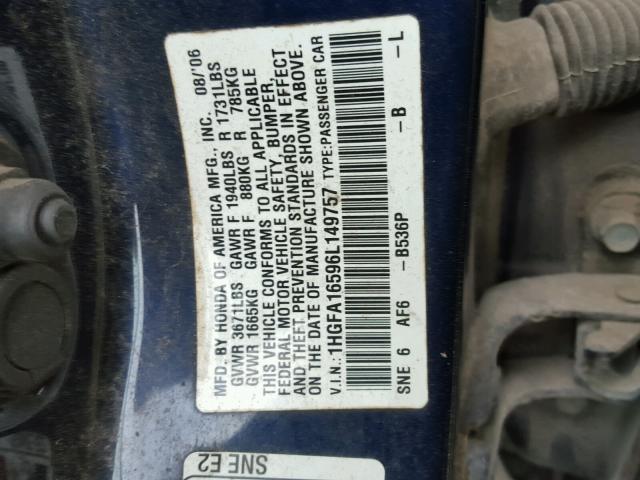 1HGFA16596L149757 - 2006 HONDA CIVIC LX BLUE photo 10