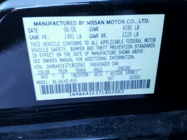 1N4BA41E37C802063 - 2007 NISSAN MAXIMA SE BLACK photo 10