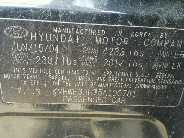 KMHWF35H75A100781 - 2005 HYUNDAI SONATA GLS BLACK photo 10