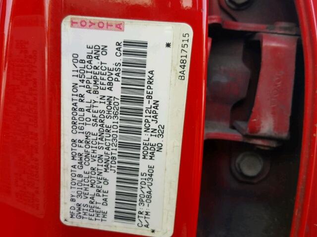 JTDBT123010136207 - 2001 TOYOTA ECHO RED photo 10