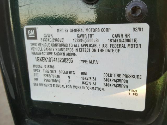 1GKEK13T41J230295 - 2001 GMC YUKON GREEN photo 10