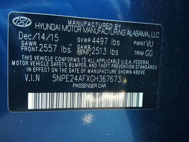 5NPE24AFXGH367673 - 2016 HYUNDAI SONATA SE BLUE photo 10