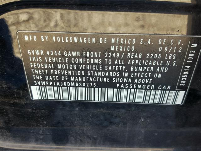 3VWPP7AJ6DM630275 - 2013 VOLKSWAGEN JETTA S 黑色 照片 10