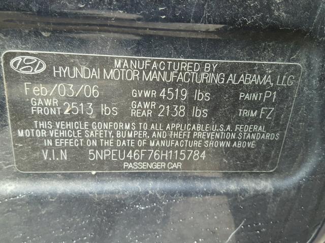 5NPEU46F76H115784 - 2006 HYUNDAI SONATA GLS BLUE photo 10