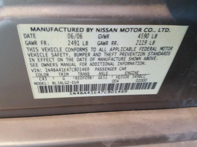 1N4BA41E47C801469 - 2007 NISSAN MAXIMA SE GRAY photo 10