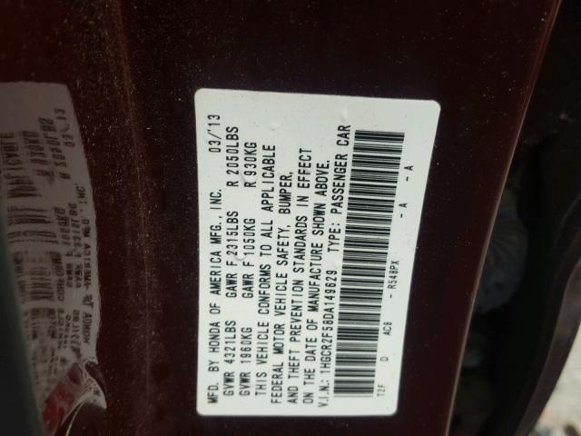 1HGCR2F58DA149629 - 2013 HONDA ACCORD SPO BURGUNDY photo 10