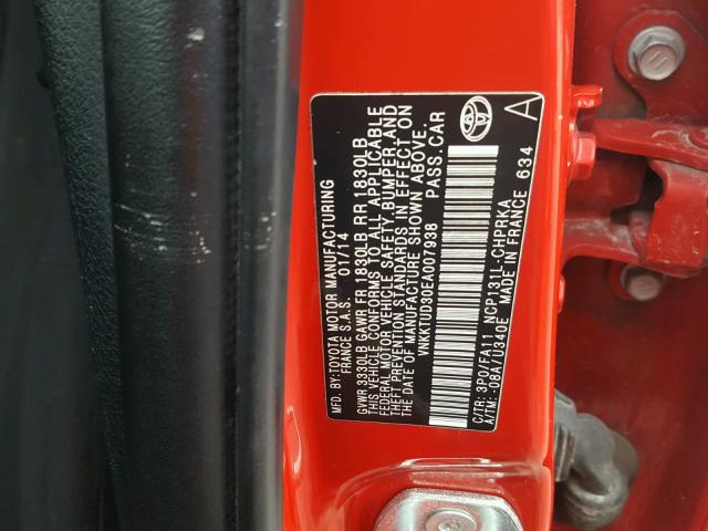 VNKKTUD30EA007938 - 2014 TOYOTA YARIS RED photo 10