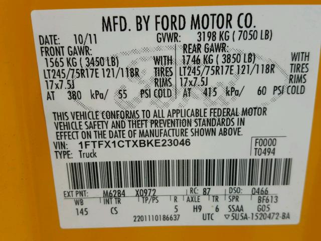 1FTFX1CTXBKE23046 - 2011 FORD F150 SUPER YELLOW photo 10