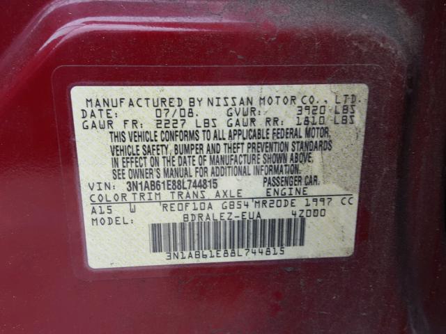 3N1AB61E88L744815 - 2008 NISSAN SENTRA 2.0 RED photo 10