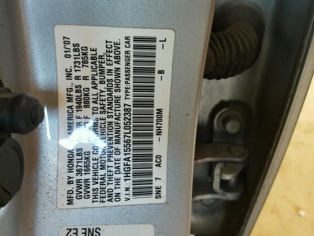 1HGFA15567L052387 - 2007 HONDA CIVIC LX SILVER photo 10