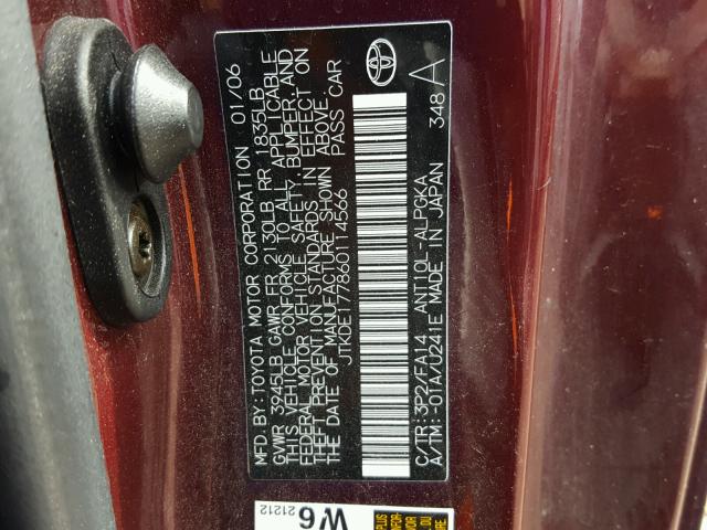 JTKDE177860114566 - 2006 TOYOTA SCION TC 勃艮第红 照片 10