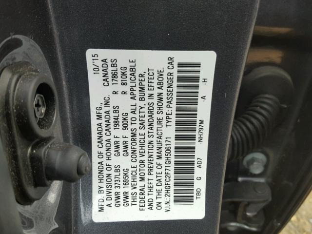 2HGFC2F71GH506171 - 2016 HONDA CIVIC EX GRAY photo 10