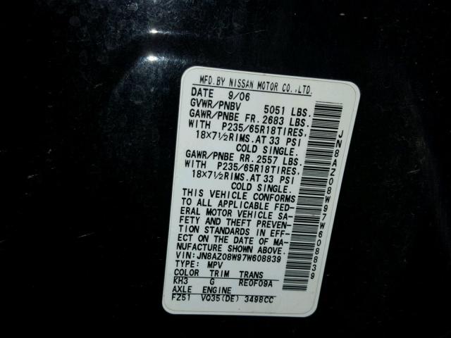 JN8AZ08W97W608839 - 2007 NISSAN MURANO BLACK photo 10