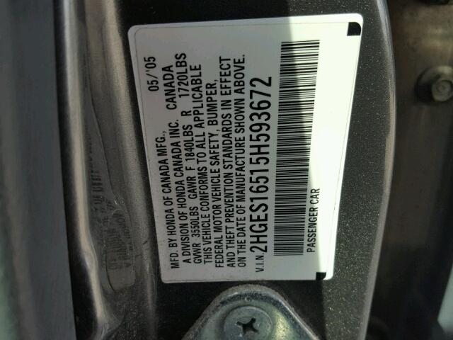 2HGES16515H593672 - 2005 HONDA CIVIC LX GRAY photo 10