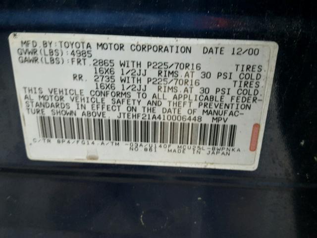 JTEHF21A410006448 - 2001 TOYOTA HIGHLANDER BLUE photo 10