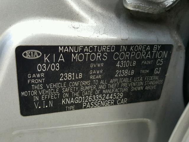 KNAGD126335244529 - 2003 KIA OPTIMA LX SILVER photo 10