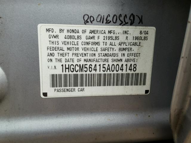 1HGCM56415A004148 - 2005 HONDA ACCORD LX SILVER photo 10