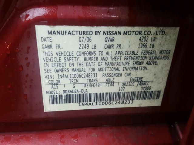 1N4AL11D06C248233 - 2006 NISSAN ALTIMA S RED photo 10