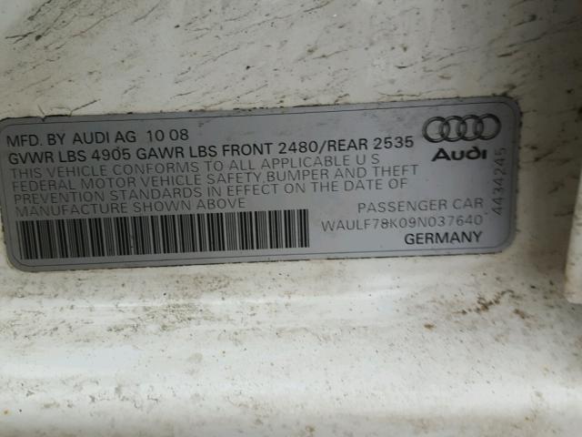 WAULF78K09N037640 - 2009 AUDI A4 2.0T QU WHITE photo 10