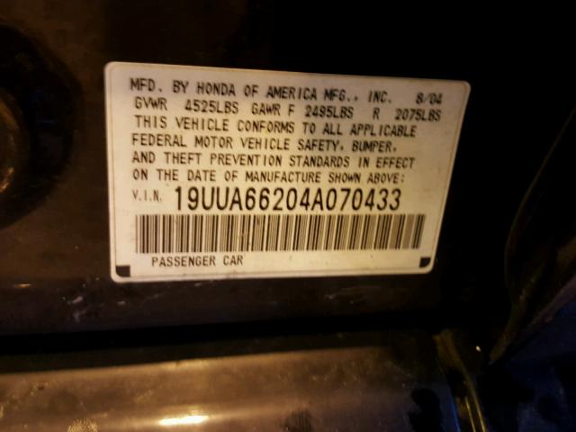 19UUA66204A070433 - 2004 ACURA TL BLACK photo 10