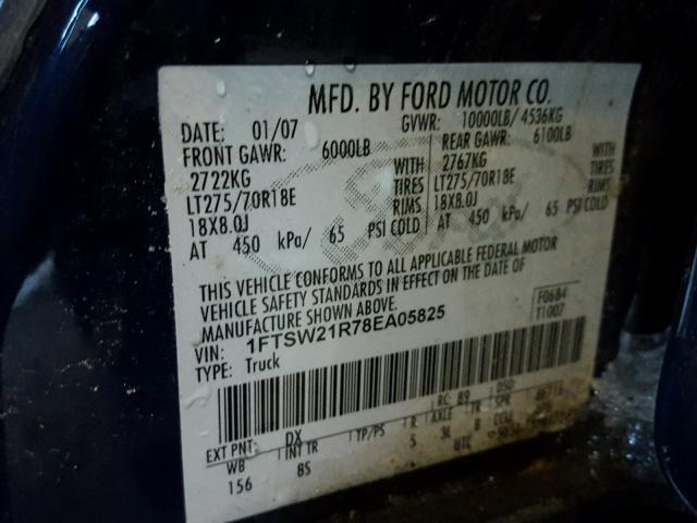 1FTSW21R78EA05825 - 2008 FORD F250 SUPER BLUE photo 10