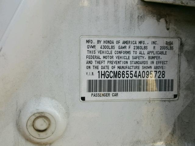 1HGCM66554A095728 - 2004 HONDA ACCORD EX WHITE photo 10