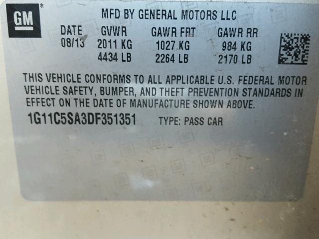 1G11C5SA3DF351351 - 2013 CHEVROLET MALIBU 1LT 金色 照片 10