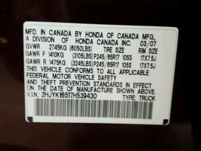 2HJYK16517H539430 - 2007 HONDA RIDGELINE BURGUNDY photo 10