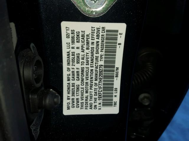 19XFC1F77HE209279 - 2017 HONDA CIVIC EXL ნაცრისფერი ფოტო 10