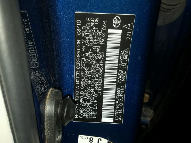 JTDKN3DU9A5205782 - 2010 TOYOTA PRIUS BLUE photo 10