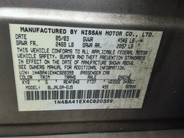 1N4BA41EX4C820359 - 2004 NISSAN MAXIMA SE BEIGE photo 10