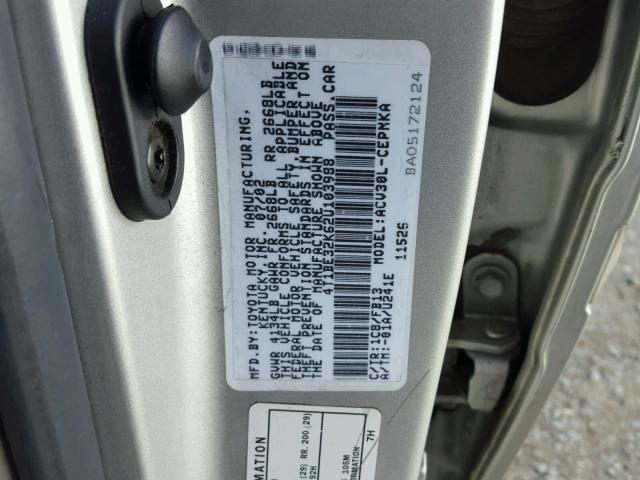4T1BE32K62U103988 - 2002 TOYOTA CAMRY LE SILVER photo 10