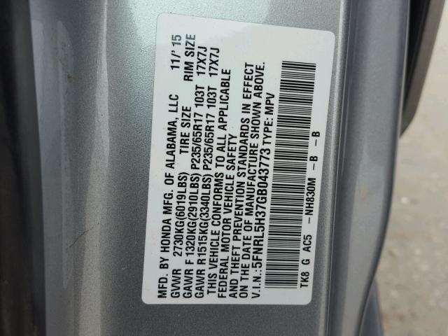 5FNRL5H37GB043773 - 2016 HONDA ODYSSEY SE SILVER photo 10